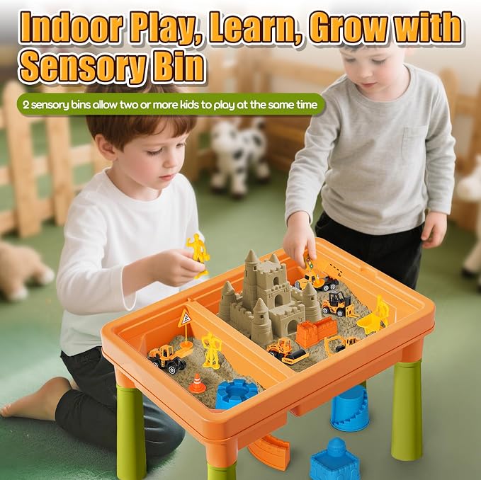 Lehoo Castle Sensory Table with Play Sand 2.6Lbs, Lid, 6 Trucks & Molds | Sensory Bin with Upgraded Adjustable Legs, Construction Kit, Indoor and Outdoor Sand Table Toys for Toddler Boys and Girls