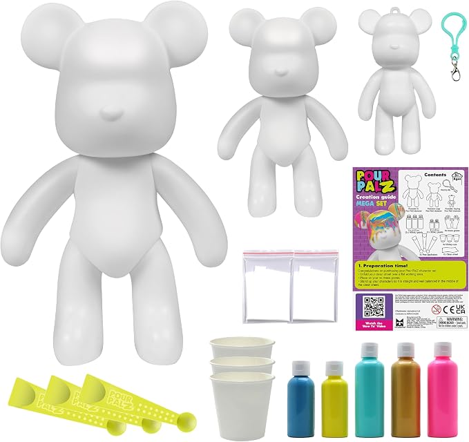 Pour Palz DIY Paint Pouring Kit, Create Custom Art with XL & Standard & Keychain Figure, 5 Acrylic Pour Paints -Fun Creative Hobby for Kids & Adults, Unique Collectible Craft Set, Mega Pack, Ages 5+