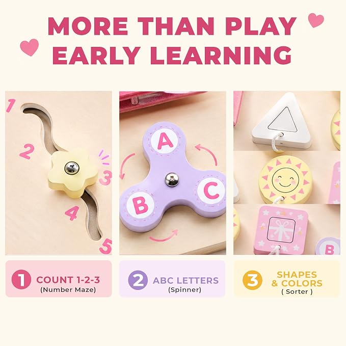 Montessori Busy Board for Toddlers, Wooden Sensory Toys, Preschool Learning Activities for Fine Motor Skills Travel Toy, Basic Life Skills Educational Gifts for 1 2 3 Years Old Kids Boys Girls