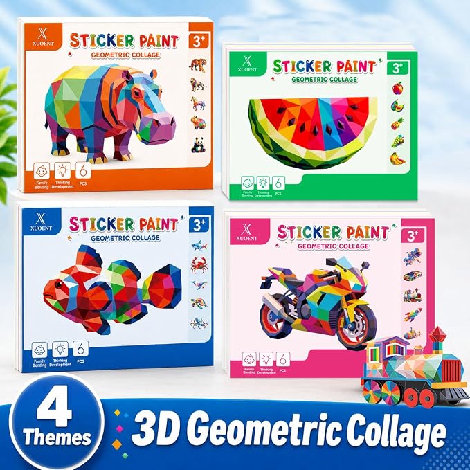 Xuoent Sticker by Number for Kids, 4-Pack Sticker Activity Books with 24 Designs, 3D Sticker Sets for Adults, Travel Toys & Quiet Time, Birthday Gifts for Girls Boys Ages 6-12+