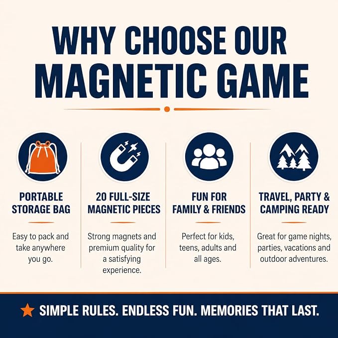 Magnetic Chess Game with 20 Full-Size Stones, Magnet Game with 3 String | Portable family game for kids, teens and adults, perfect for game nights, parties, travel, camping and indoor or outdoor play