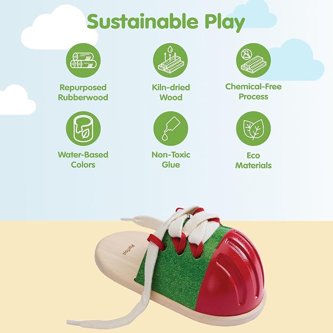 PlanToys® Wooden Life Size Tie-Up Shoe Montessori Kids Lacing Activity Toy | wooden life size tie-up shoe, montessori lacing fine motor, coordination independence practical life learning, kids education