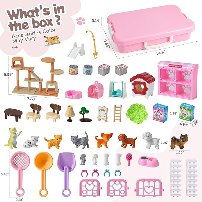 KNASON Cat and Dog Sensory Bin, Play Sand Kit for Girls and Boys Ages 3-8 | 2.2lbs Sensory Sand, Pet Sandbox with Lid, Cat and Dog Figures, Dog House, Cat Climber, Role Pretend Play Toy Gift for Kids