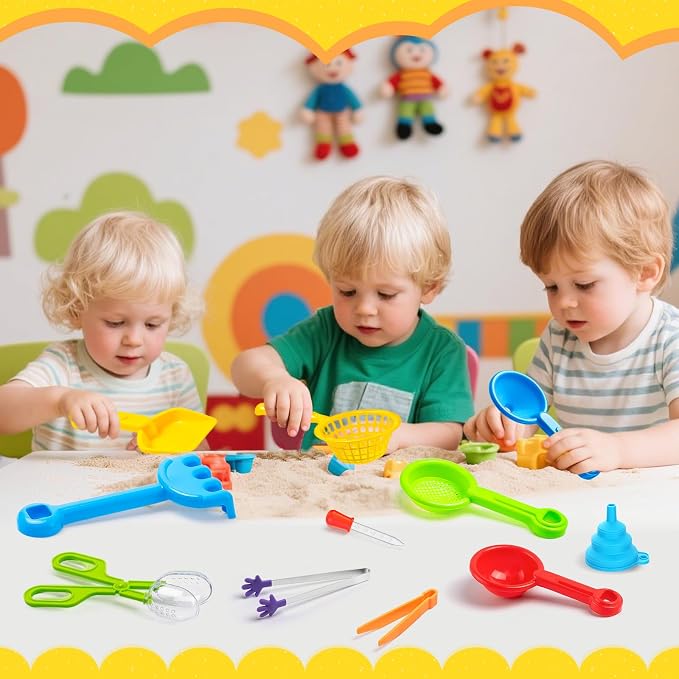 11 Pieces Sensory Bin Filler, Fine Motor Skills Handy Toys Set with 5 Scoops, Tweezers, Mini Silicone Tong, Scissors Clip, Dropper, Beach Shovels, Funnel, Sensory Bin Accessories Tools