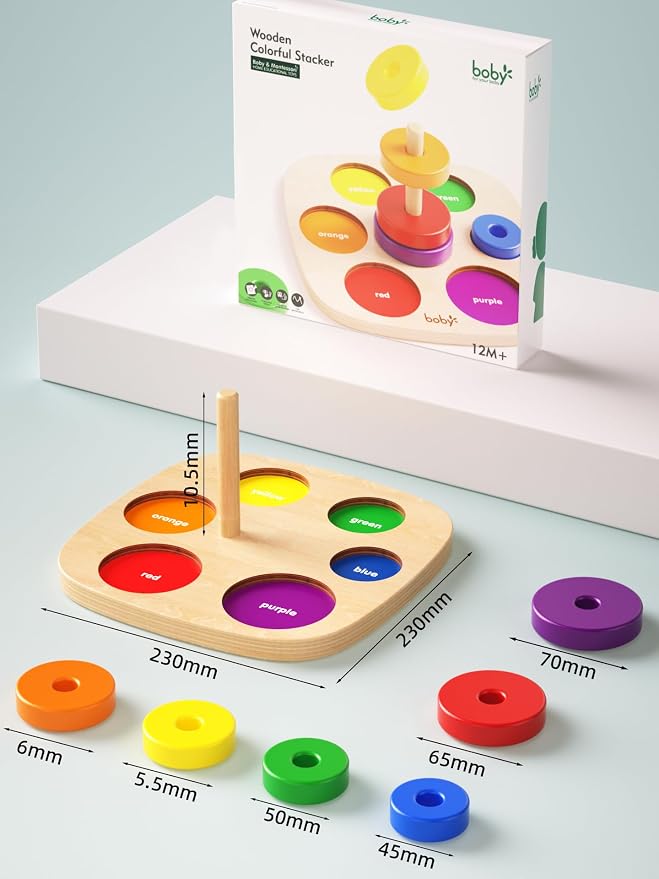 Dailyfunn Montessori Toys Wooden Rainbow Ring Stacker Color Size Learning Sorting Stacking Toy for Toddlers 1-3 Years Old