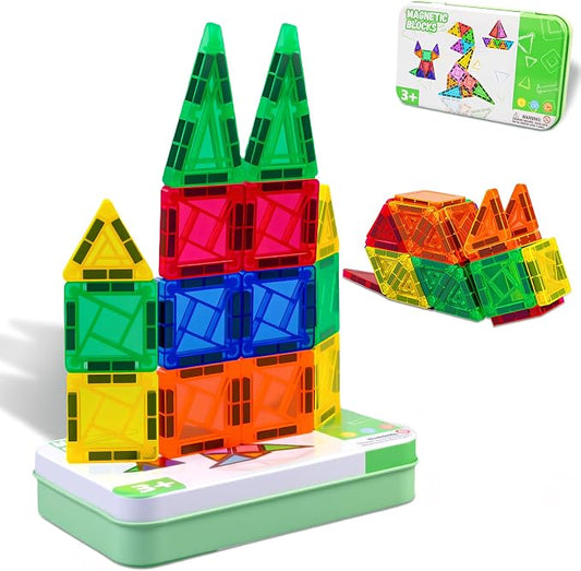 Magnetic Tiles 42PCS 0.8in Portable Magnet Toys for Kids，Travel Magnetic Blocks with Metal Storage Box，Stacking Magnets Sensory Tiles for Toddlers Ages 3+
