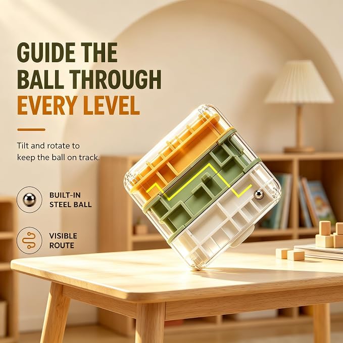 3 Layer 2 in 1 3D Rolling Ball Maze Cube, Kids Fidget Spinning Toys | Fidget Toy and Stress Toy, 3D Brain Teaser Puzzle Game Portable Activity Toy Birthday Gifts for Kids Ages 3-7+ Boys Girls