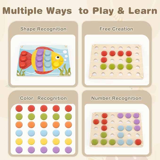 Joyreal Wooden Montessori Toys for 2 3 4 Year Old Girls Boy Birthday Gifts | Button Art Puzzle Game for Toddlers 2-4, Color Matching Pegboard for kid Preschool Learning Educational, Focus & Coordination