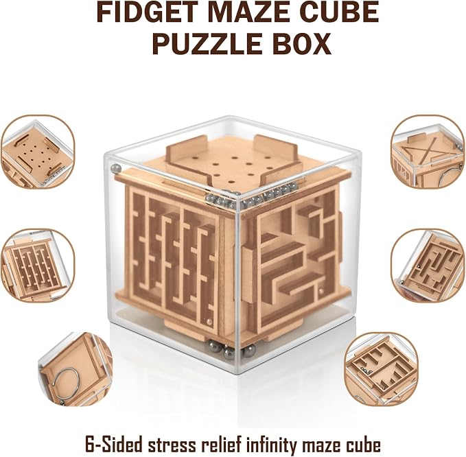 Fidget Puzzle Cube for Kids and Adults - 6-Sided Wooden Puzzle Game Fidget Toy for Anxiety Relief - Handheld Maze Cube for Travel - 3D Brain Teaser Magic Cube Fidget for Christmas Stocking Stuffers