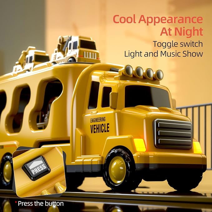 Beby Buty 5 in 1 Construction Trucks Cars Toys for Toddlers 3-5 | Boy Toddler Car Truck Toys with Light Sound, Includes Crane, Mixer, Bulldozer & Excavator, Birthday Gifts for 3 4 5 Year Boys