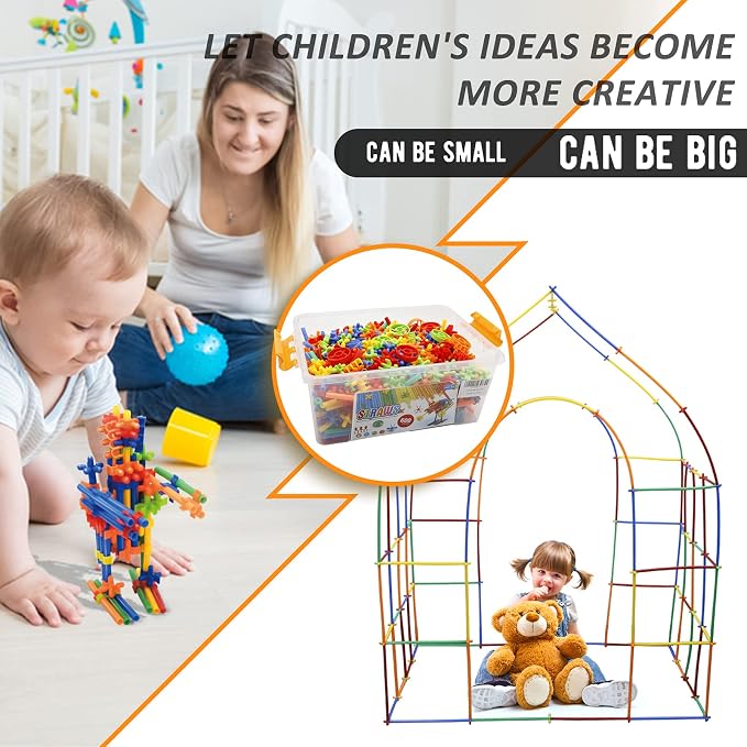 Ggiibro Straw Constructor Toys 800Pcs STEM Building Toy for 3+ Year Interlocking Plastic Engineering Toys Thin Tube Blocks Educational Toy Kit for Indoor Kids Toy with a Storage Box