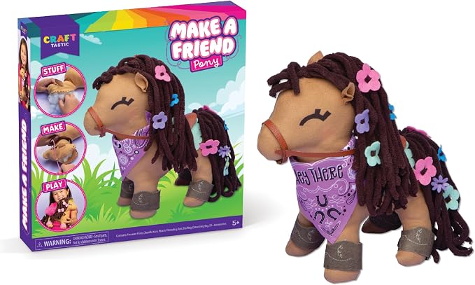 Craft- Tastic - Make a Friend Pony - Mini Sewing Kit, Arts and Crafts, Kids Crafts, Art Supplies, Craft Kit Makes 1 Easy-to-Sew Stuffie with Clothes & Accessories, Bonus Travel Tote Included Ages 5+