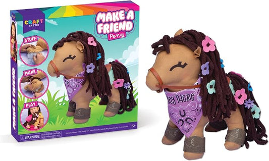 Craft- Tastic - Make a Friend Pony - Mini Sewing Kit, Arts and Crafts, Kids Crafts, Art Supplies, Craft Kit Makes 1 Easy-to-Sew Stuffie with Clothes & Accessories, Bonus Travel Tote Included Ages 5+
