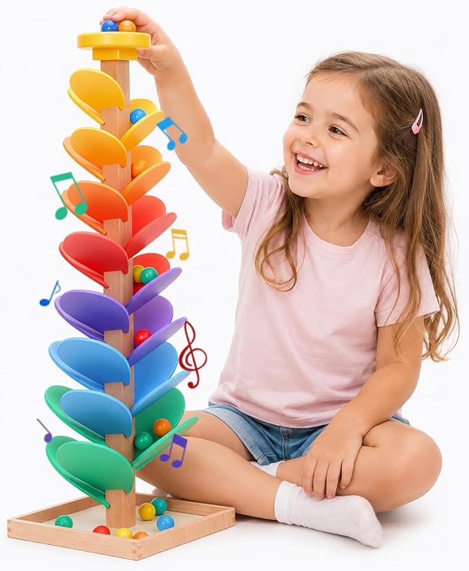 Wooden Marble Run Music Tree, Marble Run Montessori Toy for Kids Ages 3+ | Solid wood rainbow tree ball drop toy for cause effect play, color sorting, fine motor skills, sensory sound, screen free fun