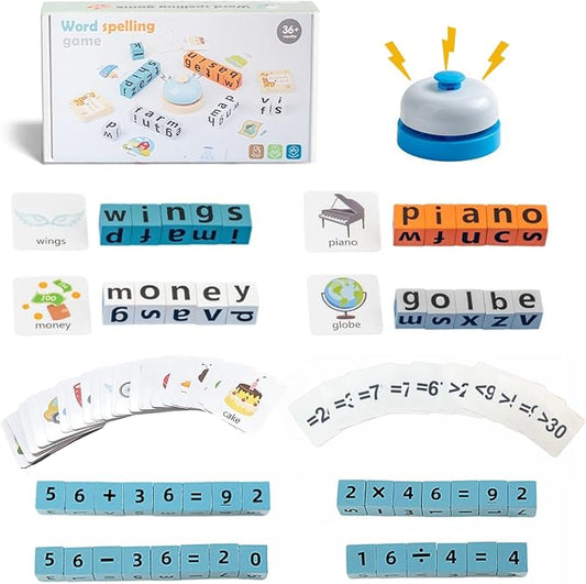 Wooden 2-in-1 Word Spelling & Math Counting Game for Kids Ages 3-6, Letter Number Puzzle Blocks with Flashcards, Educational Toy Gift for Boys and Girls, 2+ Players Family Night