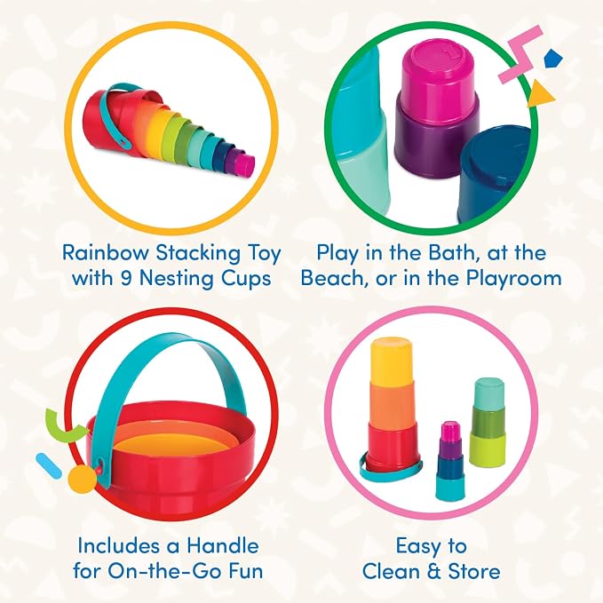 Battat Stacking Cups, Stack Up Cups Nesting Toy Set, 10 Pieces, Toddler | 9 stacking cups plus 1 bucket with handle; embossed numbers for counting, bath and beach sensory play, Toddler; 18+ Months