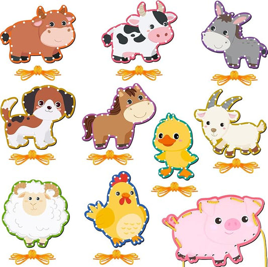 10 Pcs Kids Lacing Cards Double Sided Animal Sewing Cards Kits 10 Styles Lacing Toy Crafts for Toddler Ages 6+ Developing Imagination Preschool Learning Activity Supplies(Farm Style)