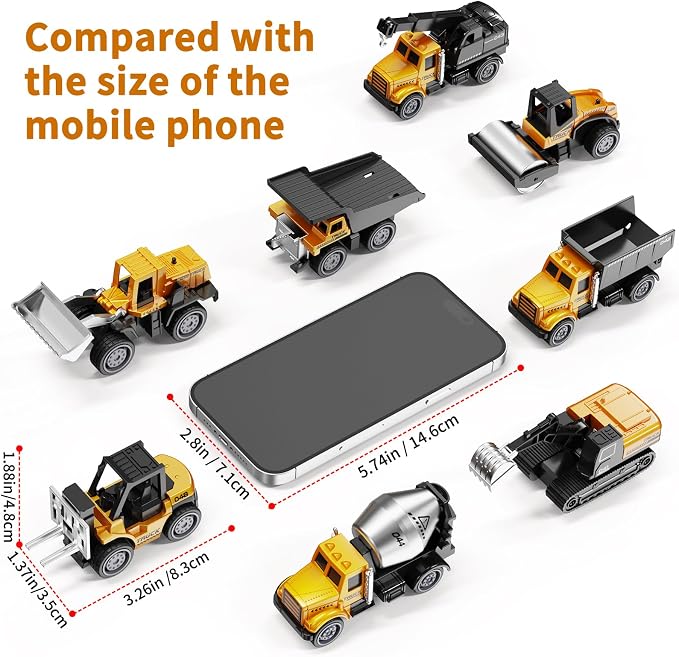 HONGTUO Alloy Mini Construction Vehicles, 8Pcs Die-cast Construction Toys | Excavators Mixer Truck Bulldozers Forklift Dump Truck, Pull Back Car, Construction Trucks Toys for Toddlers Kids Boys & Girls