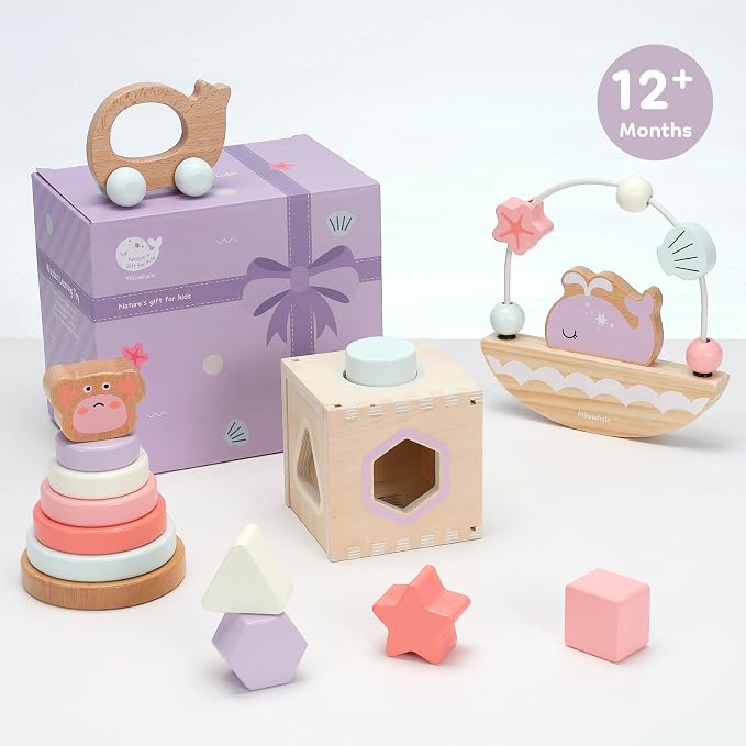 Pillowhale Montessori Wooden Toys Set for Toddlers 12M+ 4-in-1 Educational Toy with Stacking Rings, Shape Sorter, Bead Maze & Baby Car