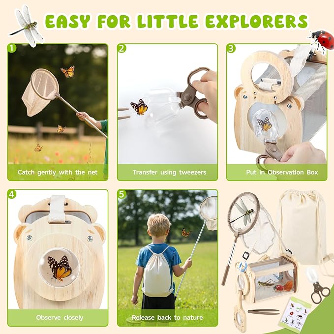 GAGAKU Wooden Bug Catcher Kit for Kids 4-8, 9PCS Outdoor Nature Exploration Set with Expandable Butterfly Net, Magnifying Glass, STEM Learning Game Cards, Educational Catching Toy for Backyard Camping