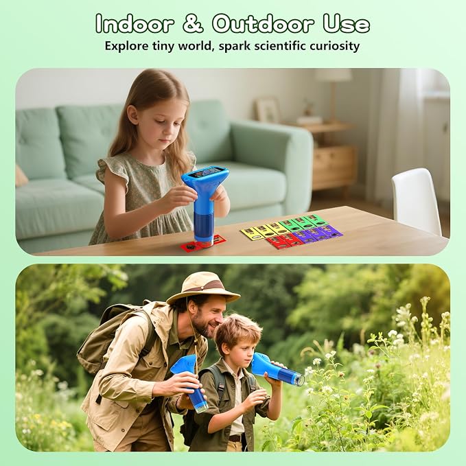 Odatay 1000X Digital Kids Microscope Kit with 12 Slides & 2" Screen, Blue | 1080P Imaging, Fit Ages 3-12, Standalone Pocket Science Edu Toys Gifts, Outdoor Backyard Bugs Exploring, Anti-drop Lanyard