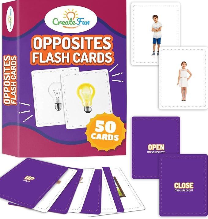 CreateFun Opposites Flash Cards, 50 Realistic Matching Photo Cards,25 Pairs | Visual aid - ESL,Kids,Special Ed,Senior Care Speech Therapy,Dementia Activities,Autism Learning
