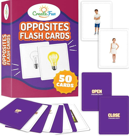 CreateFun Opposites Flash Cards, 50 Realistic Matching Photo Cards,25 Pairs | Visual aid - ESL,Kids,Special Ed,Senior Care Speech Therapy,Dementia Activities,Autism Learning