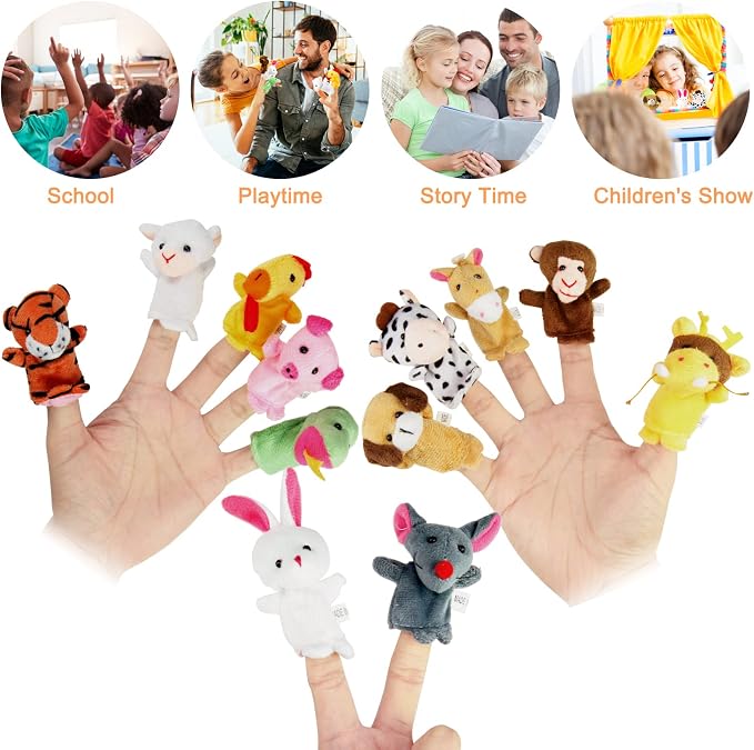 Early Development Toys Wooden Lacing Toys & 12-PCS Story Time Animals Finger Puppets for Toddlers - Soft Velvet Toddler Puppets Toys