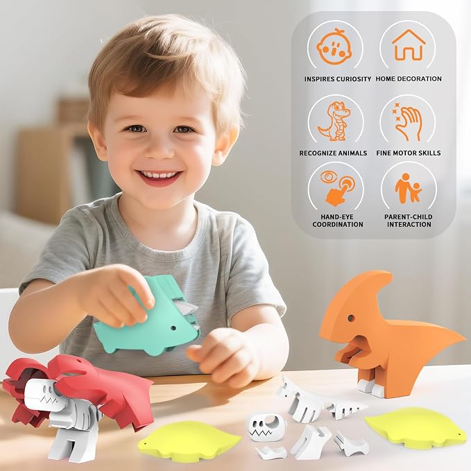 Magnetic Animal Building Toys, STEM Toddler Learning Toys 3D Puzzle Animals for Boys Girls, Educational Magnetic Travel Montessori Toy Lion Elephant, Unique Birthday Gift (Dinosaur Animals, Count, 4)