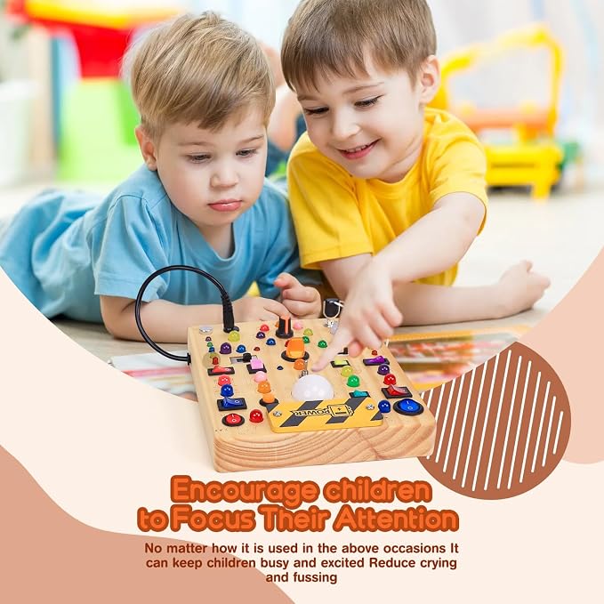 Busy Board with 19 LED Light Switches, Montessori Toys for 1 2 3 Years Old, Wooden Sensory Board, Toddlers Activity Travel Toys for 1 2 3 Year Old Boy & Girl Birthday Gift (Big)
