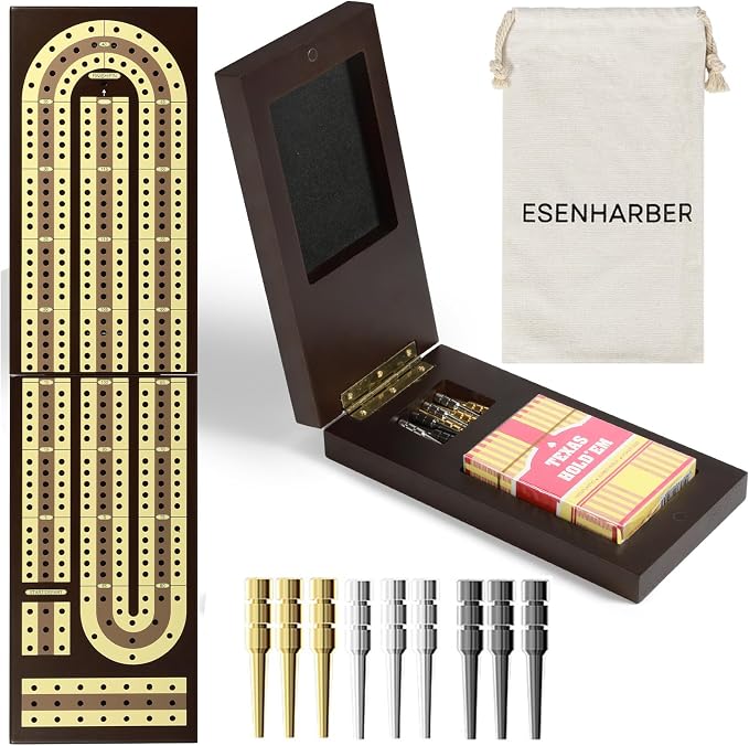 ESENHARBER Foldable Wooden Cribbage Board Set - Elegant 3-Track Design with Magnetic Closure, 9 Metal Pegs, Full Deck of Cards, Perfect for Family Game Nights and Travel