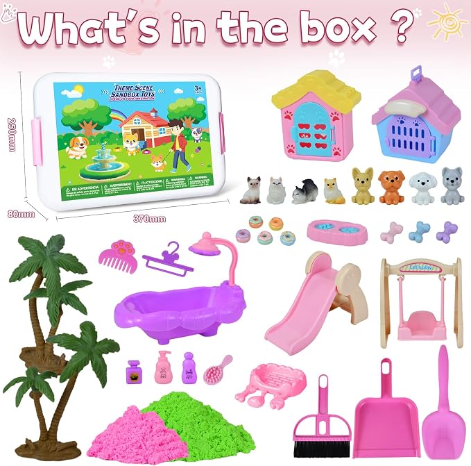 Pet Sensory Bin, Cat & Dog Sensory Play Sand Art Kit Set for Toddlers Kids | Sensory Bin with Sandbox & Tools & Pet Care Set, Indoor Outdoor Pretend Play Beach Toy Gift for Girls Boys 3 4 5 6 7 8