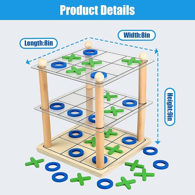3D Wooden Tic Tac Toe Board Game, Classic XO Strategy Game | Durable Tabletop Game for Kids and Adults, Fun Family Activity for Parties, Travel, Gatherings and Game Night