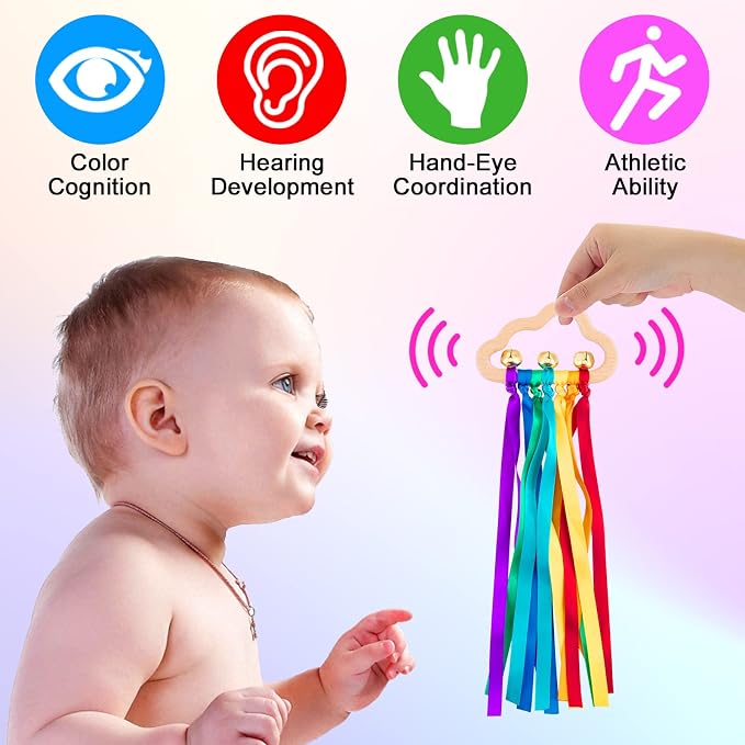 Baby Sensory Wooden Rattle Toys with Rainbow Ribbon - 2PCS | Montessori Wood Rattles Ring Bells Toy with Pull String for Baby 0-12 Months as Newborn Infant Toddler Boy Girl Shower Gifts