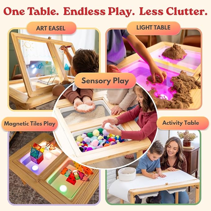Montessori Sensory Table & Art Easel for Kids & Toddlers | Folding Extendable Legs & Storage Bins, Magnetic Boards & Tiles, Light Box Included | Space-Saving Indoor/Outdoor Play