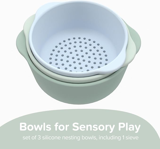 3 x Silicone Green Nesting Bowls for Kids Plus Water and Sand Sieve | Kids Bowls Sensory Play | Messy Play and Water Play Accessories | Suitable for 10 Months Plus | Tuff Tray Accessories