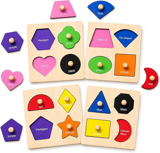 Wooden Shape Color Sorting Puzzle Toys for Toddlers, 4 Pack Montessori Peg Puzzles for Ages 2-4, Preschool Learning Toys for Shape Recognition, Fine Motor Skills, Gifts for Kids Boys Girls 1 2 3 4