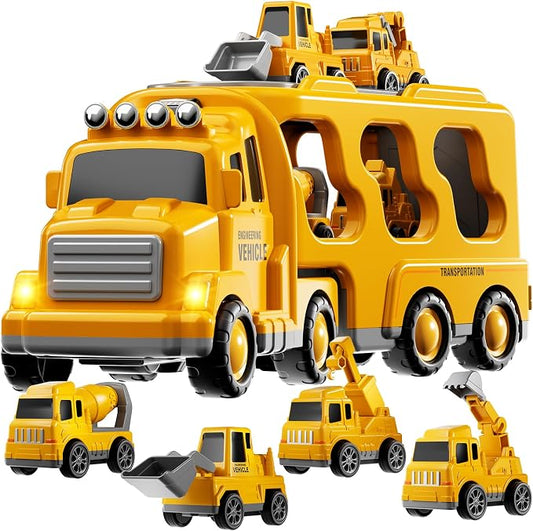 5-in-1 Construction Trucks Toys for 3 4 5 Years Old Boys | Carrier Transport Vehicle Truck for Toddlers 3-4 Years with Crane, Mixer, Pushdozer and Excavator, Car Toys Birthdays Gift