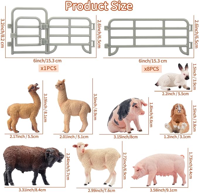 Toymany Realistic 17PCS Farm Animal Figurines Set with Fence, Includes Pigs, Sheeps, Alpaca and Rabbits Figures, Educational Toy Easter Bunny Figures Cake Toppers Birthday Gift for Kids Toddlers