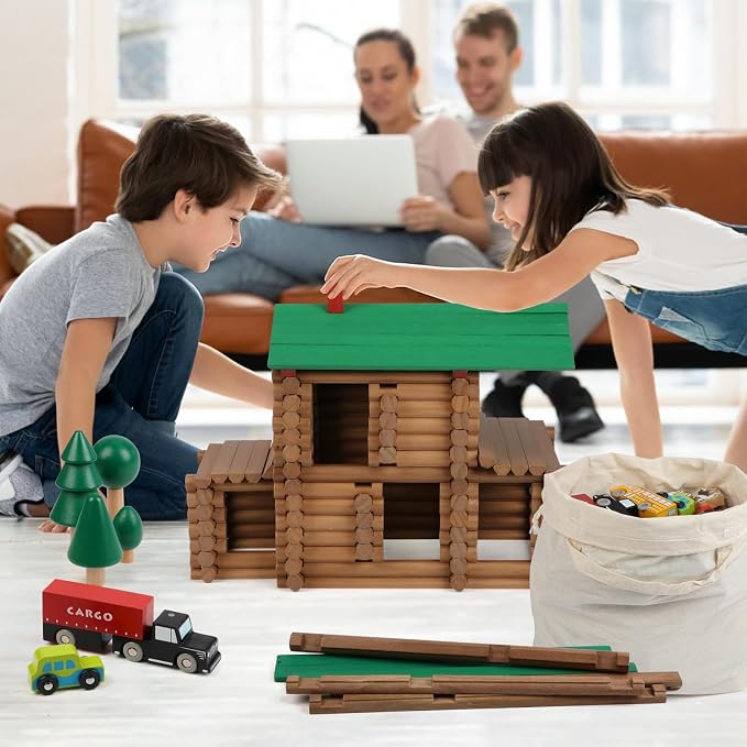 Wondertoys 456Pcs Big Villa Wooden Log Set Real Wood Logs Classic Building Log Ages 3+ Best Retro Building Gift Set Creative Construction Engineering Educational Gifts