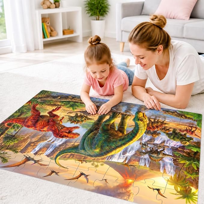 Jumbo Floor Puzzles for Kids Ages 3-5 48 Piece Dinosaur Educational Toy | A large dinosaur animal puzzle featuring Triceratops and T-Rex for interactive preschool learning and indoor family play time