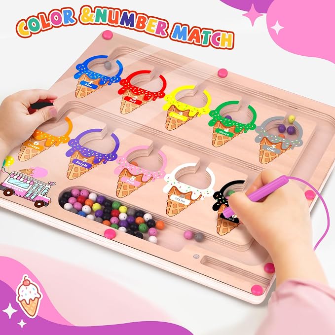 wakeInsa Magnetic Color and Number Maze,Montessori Toy for 2-5 Years Old Girls,Wooden Magnet Balls Puzzles,Toddler Busy Board Game,Preschool Learning Activities,Christmas & Birthday Gift for Kids