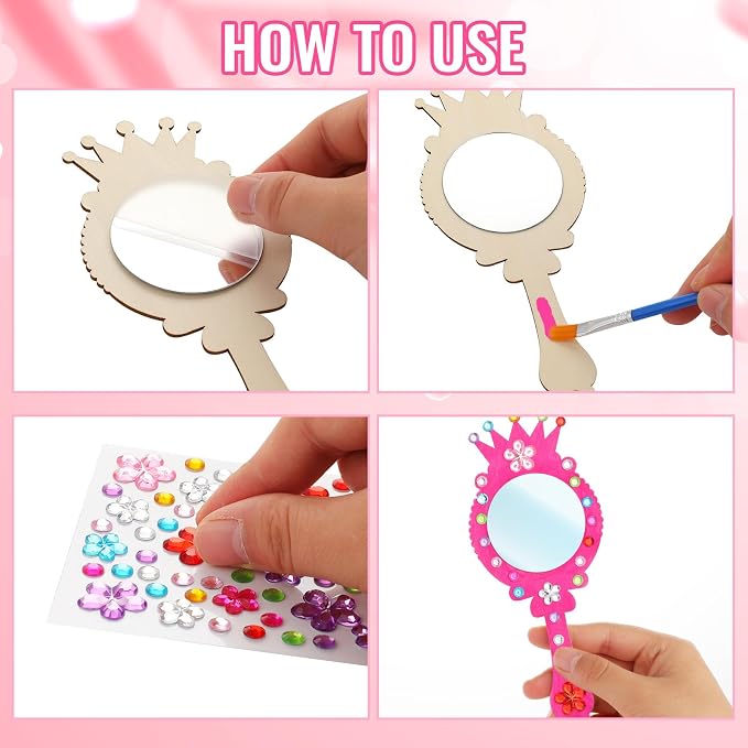 24Pcs Wooden Princess Mirror Craft Party Favors for Kids DIY Decorate | Hand Mirror, For Girls Art Activities