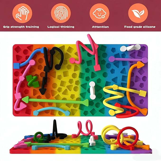 Silicone Sensory Board Fidget Toy Kids ADHD Anxiety 12 Strings Travel Bag | Food grade odorless silicone quiet compact handheld helps train kids fine motor skills for classroom car travel calming