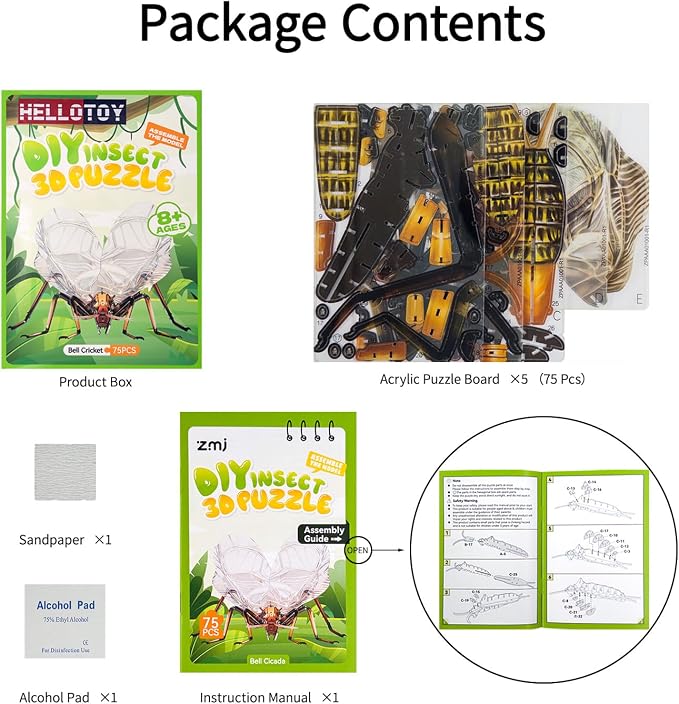 3D Acrylic Insect Puzzle DIY Bug Model Kit Animal STEM Gift | Building Kits Crafts Figurine Sculpture Nature Decoration Educational Display Toys for Kids Teens and Adults (Bell Cricket)