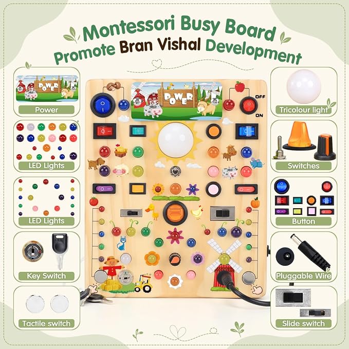 HarVow Busy Board with LED Light Switches, Montessori Toys for 1 2 3 Years Old, Toddlers Wooden Toy Sensory Activity Board, Travel Toys for 1+ Year Old Boy & Girl Birthday Gift (Farm 19 Switches)