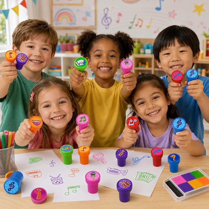 Cinrobiye 24 Pcs Music Stampers for Kids, Pre-Inked Musical Instrument Stampers, Music Party Favors, Birthday Party Supplies, Classroom Rewards, Goody Bag Fillers, Piñata Fillers