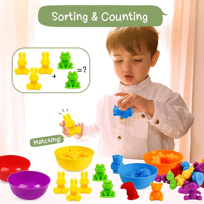 TSYAN Counting Animals Matching Games Sensory Toys with Sorting Bowls Preschool Learning Activities Color Classification Montessori Educational Toys Set Gift for Boys Girls Toddlers Toys Age 3+