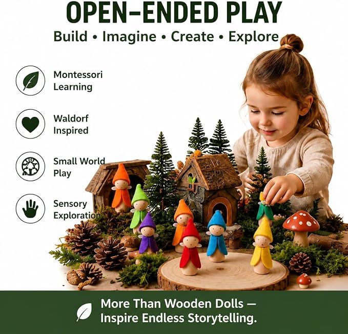 6 PCS Wooden Dollhouse People, Wooden Peg Dolls | Fairy Elf Figures for Kids, Montessori Waldorf Wooden Dolls for Fairy Garden & Dollhouse Accessories, Ages 3+