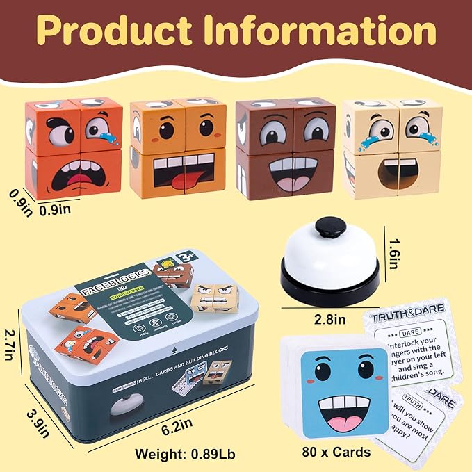 Face Changing Magic Cube Game, Wooden Expression Puzzle Block Games, Fine Motor Skills Board Games for Kids & Adults with Bell